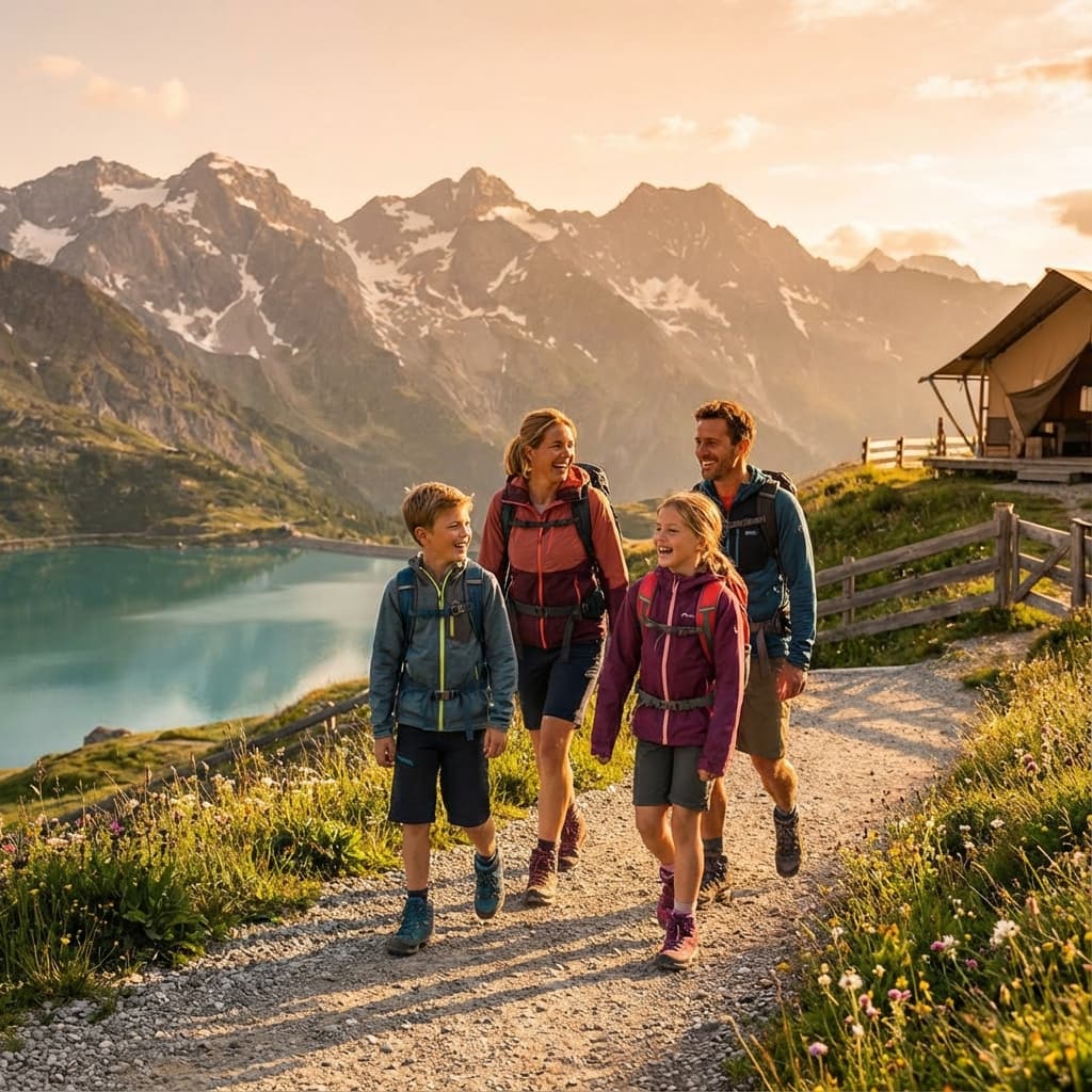Familie fericită în vacanță la munte
